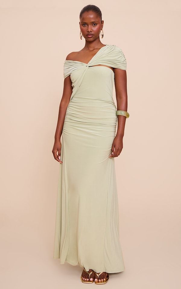 Sage Double Layer Slinky Asymmetric Ruched Maxi Dress