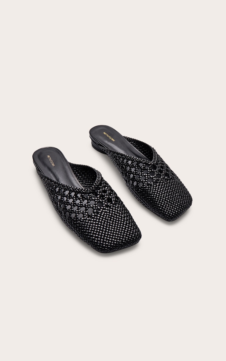 Black Pu Square Toe Woven Flats image 3