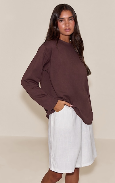 Dark Chocolate Cotton Basic Oversized Long Sleeve T-shirt