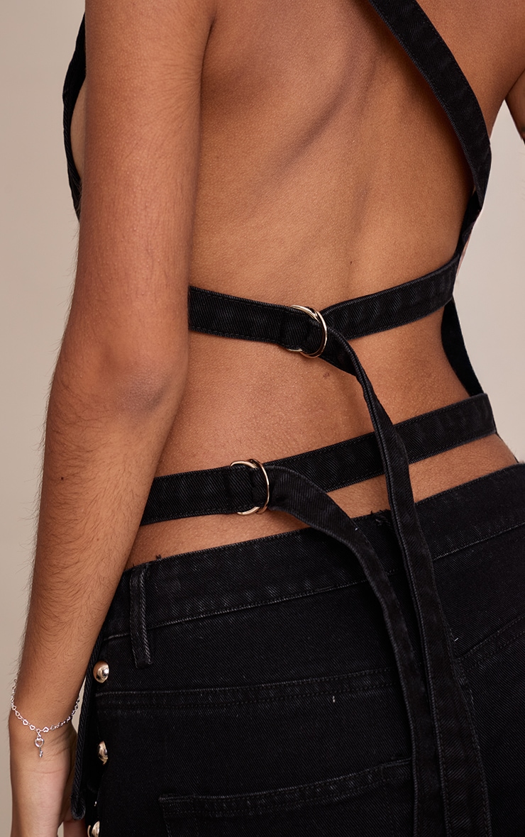 Petite Black Asymmetric Open Back Denim Top image 4