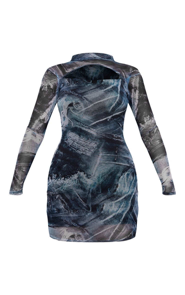 Blue Denim Print Mesh Cut Out Long Sleeve Bodycon Dress image 5