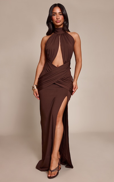 Petite Chocolate Halterneck Double Slinky Ruched Cut Out Maxi Dress