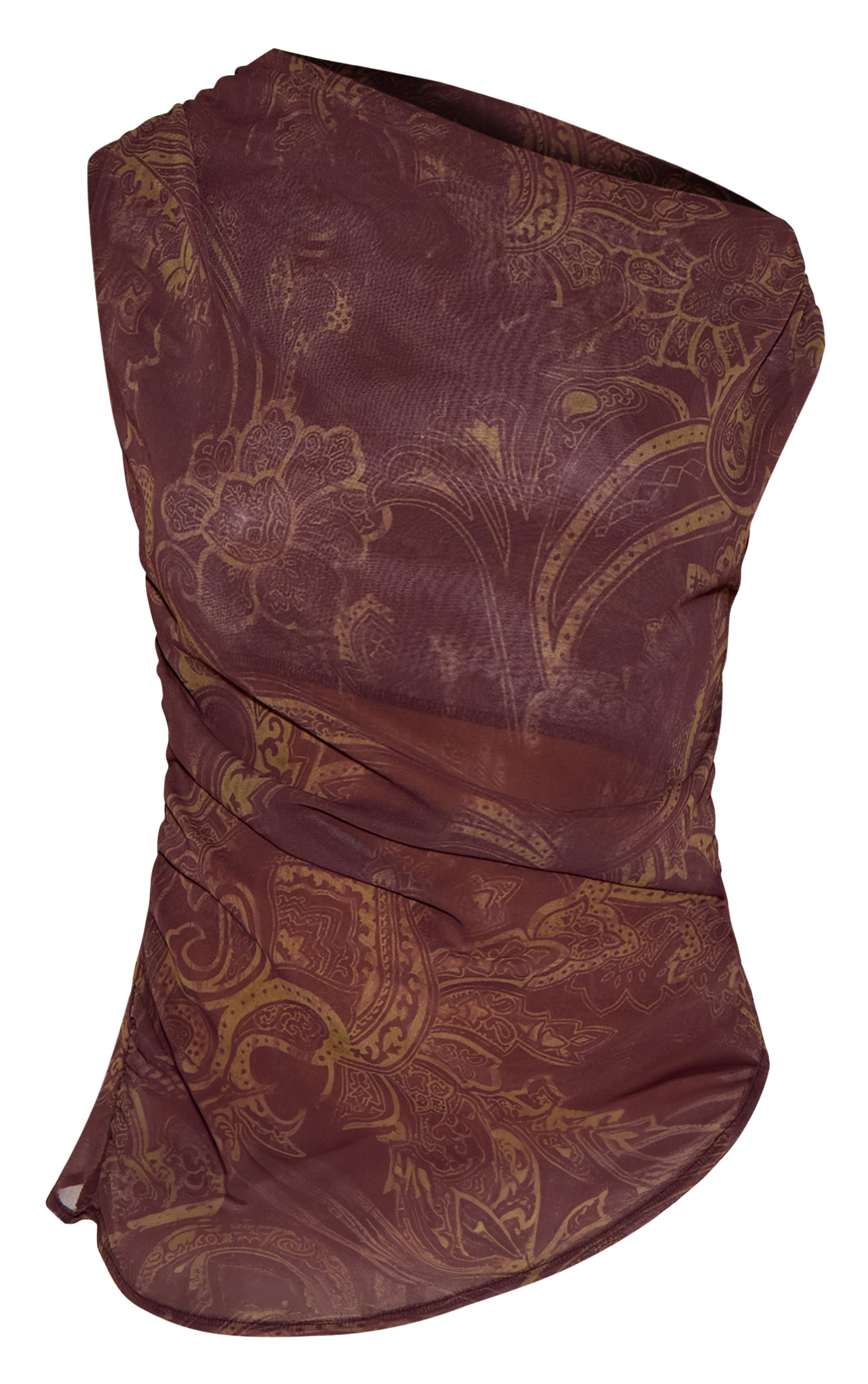 Top long en mousseline de soie marron imprimé cachemire à ourlet asymétrique image 5