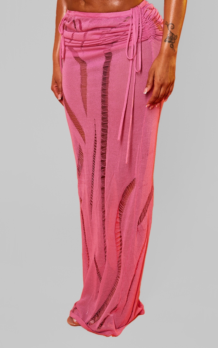 Shape Bright Pink Knit Ladder Detailed Low Rise Ruched Side Maxi Skirt image 2