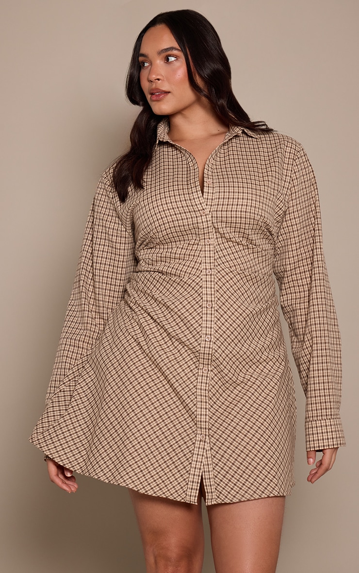 Plus  Cream Check Button Down Ruched Long Sleeve Shirt Dress image 1