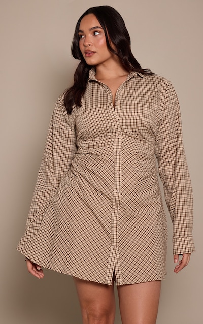 Plus Robe chemise crème imprimé carreaux froncée à manches longues et boutons