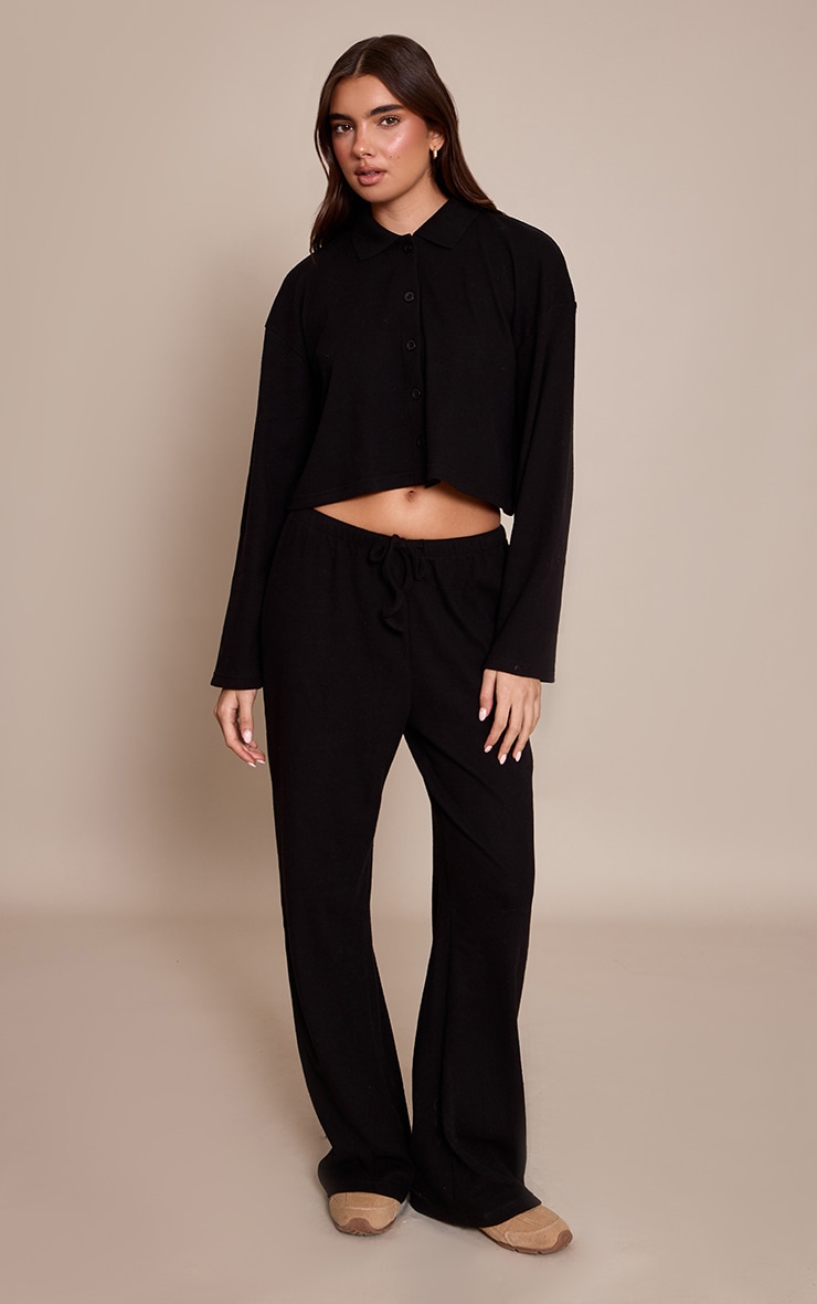 Black Brushed Rib Wide Leg Drawstring Trousers image 1