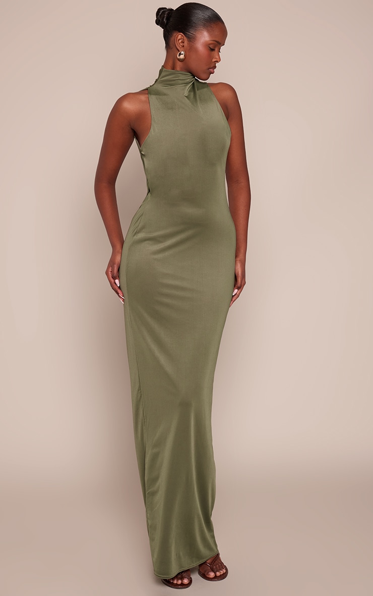 Khaki Slinky High Neck Asymmetric Maxi Dress image 3