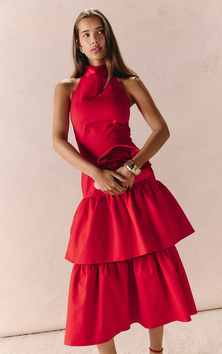 Red Dropped Hem Tiered Frill Halterneck Midi Dress image 4