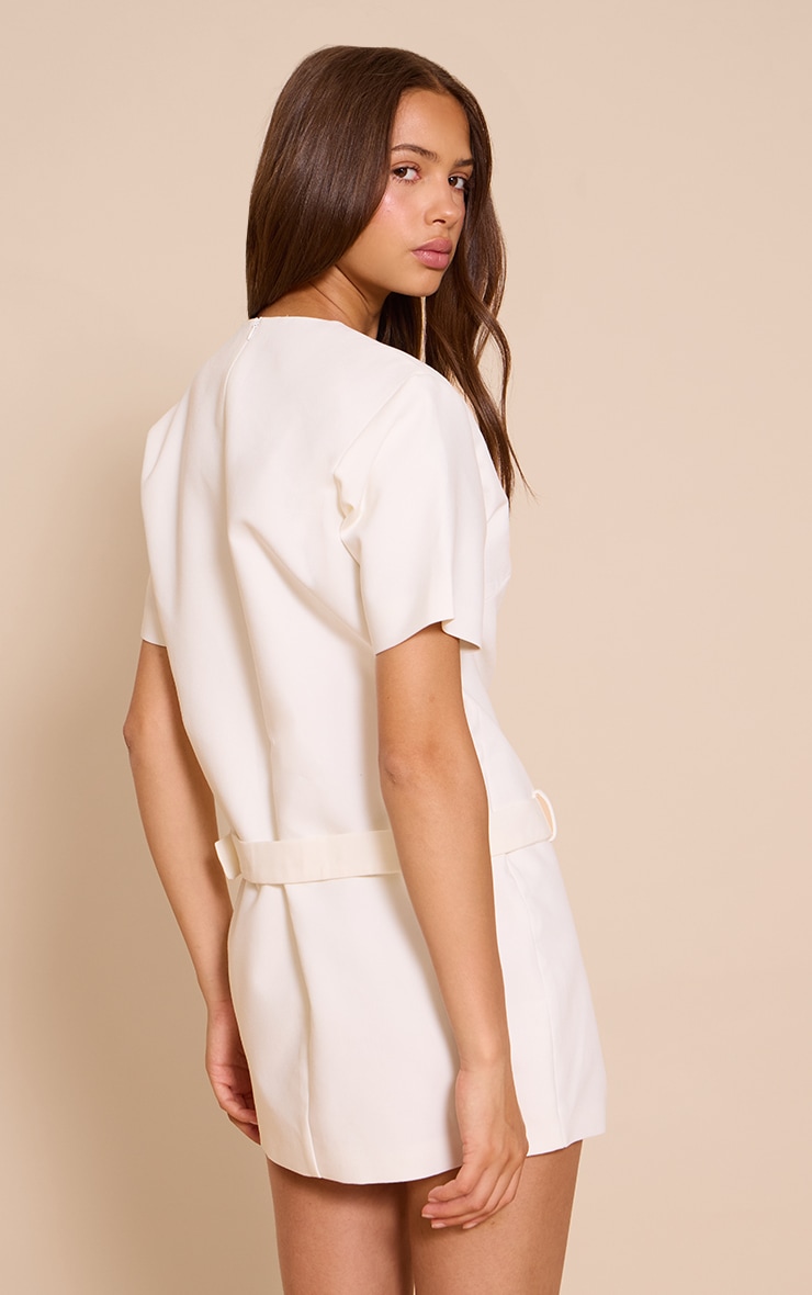 Cream Woven Oversized Short Sleeve Belted Mini Dress image 2