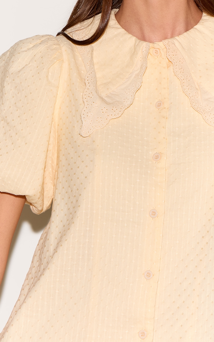 Almond Embroidered Cotton Lace Trim Puff Sleeve Shirt Dress image 4