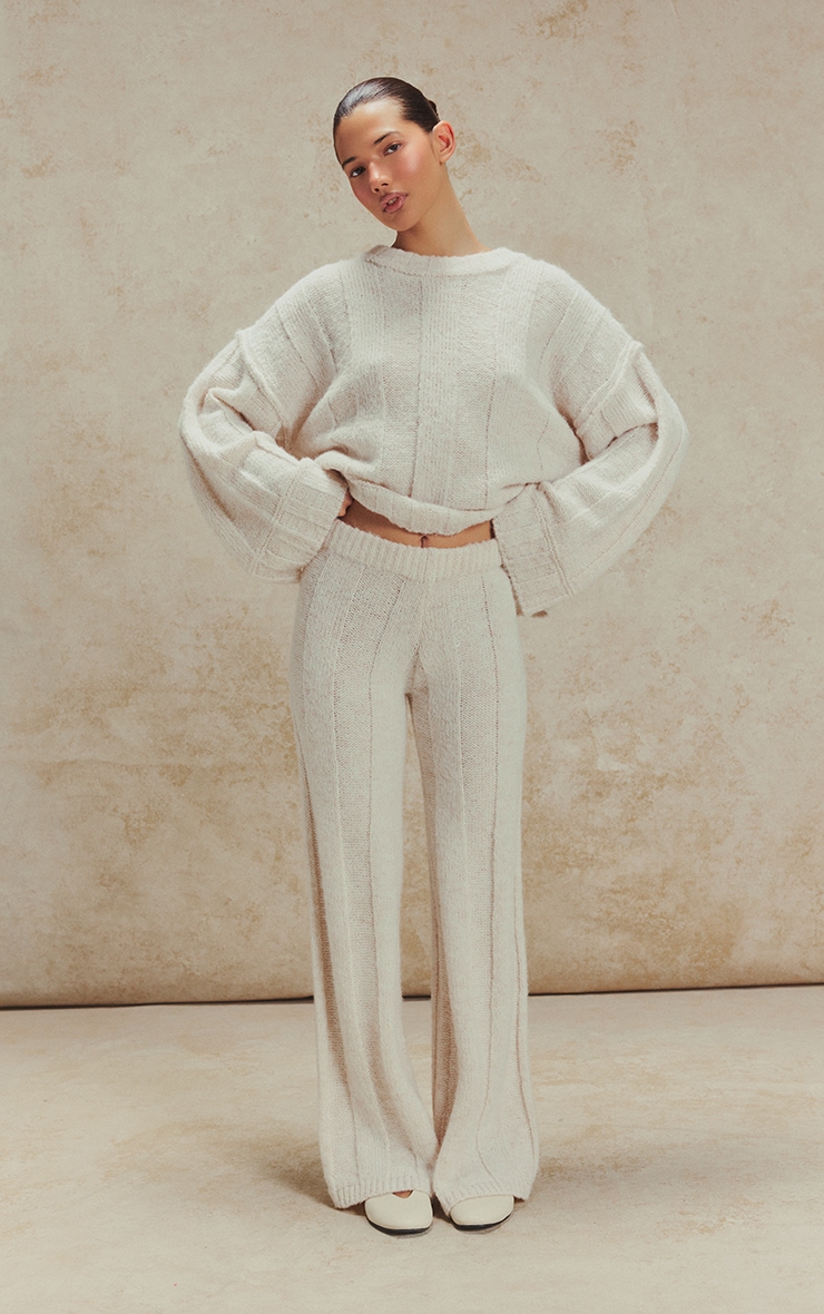 Pull en maille tricot épaisse côtelée avoine à col ras image 3