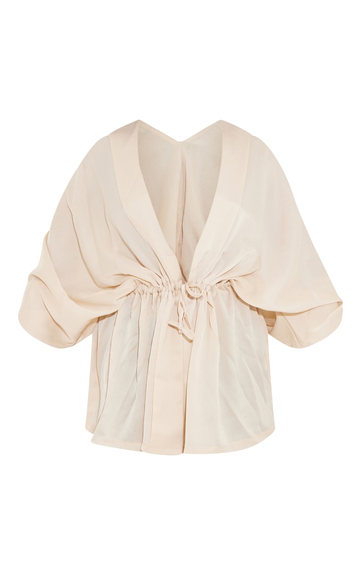 Cream Textured Woven Plunge Tie Waist Blouse image 4