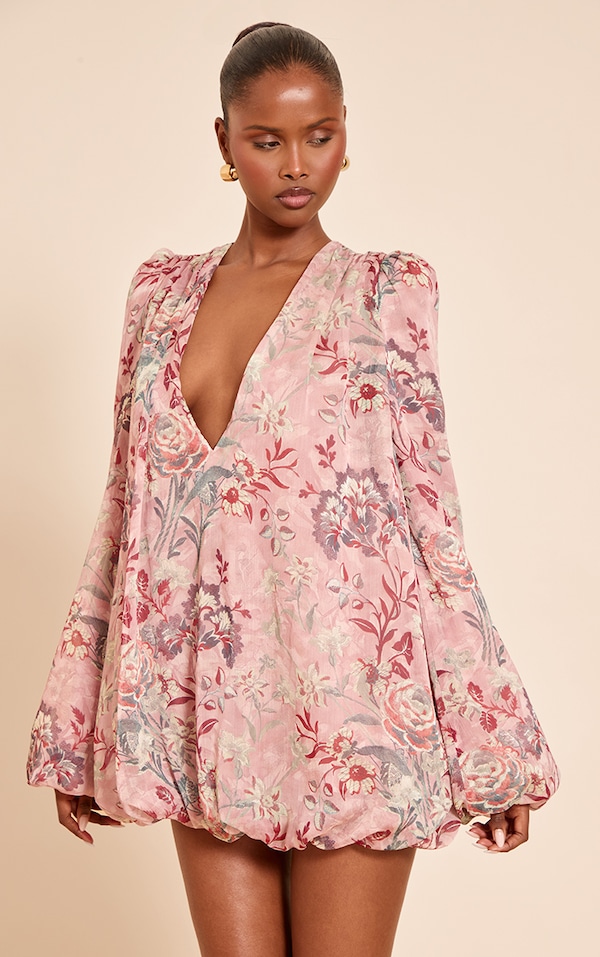 Blush Floral Print Plunge Puff Sleeve Shift Dress