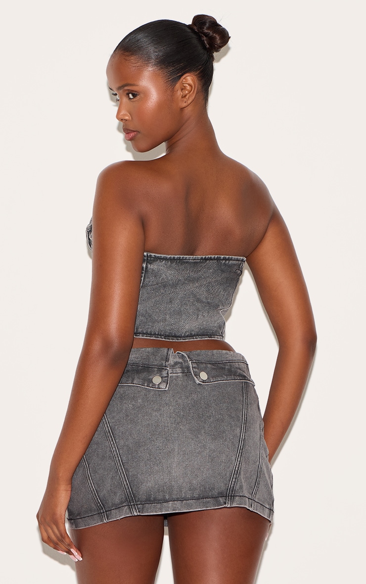 Washed Grey Biker Cup Detail Denim Top image 2