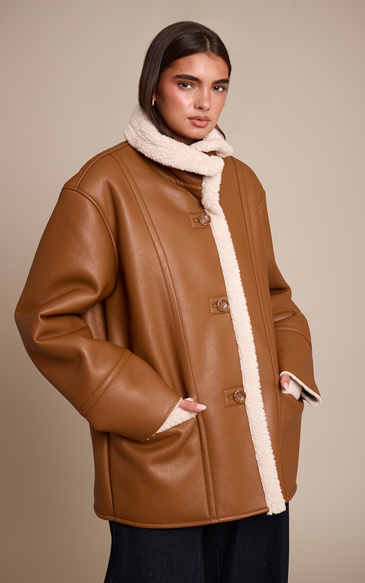 Tan Faux Leather Funnel Neck Aviator Coat image 1