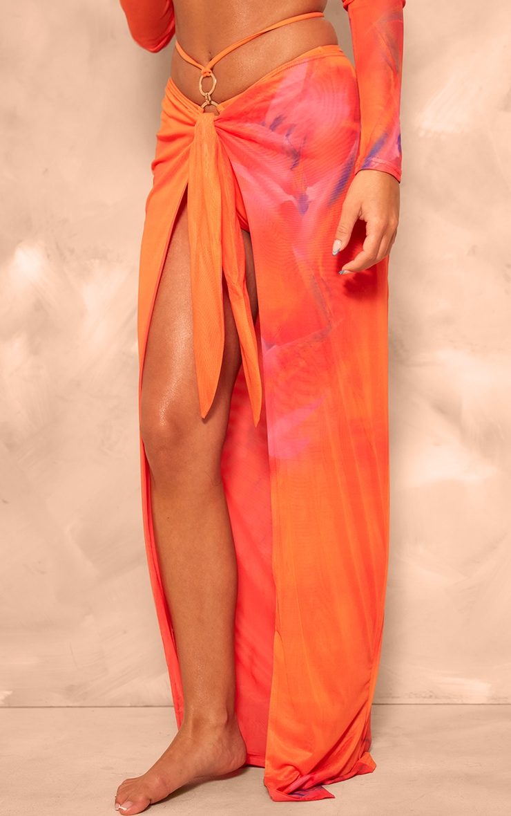 Pink Double Layer Abstract Print Mesh Tie Side Thigh Split Maxi Skirt image 2