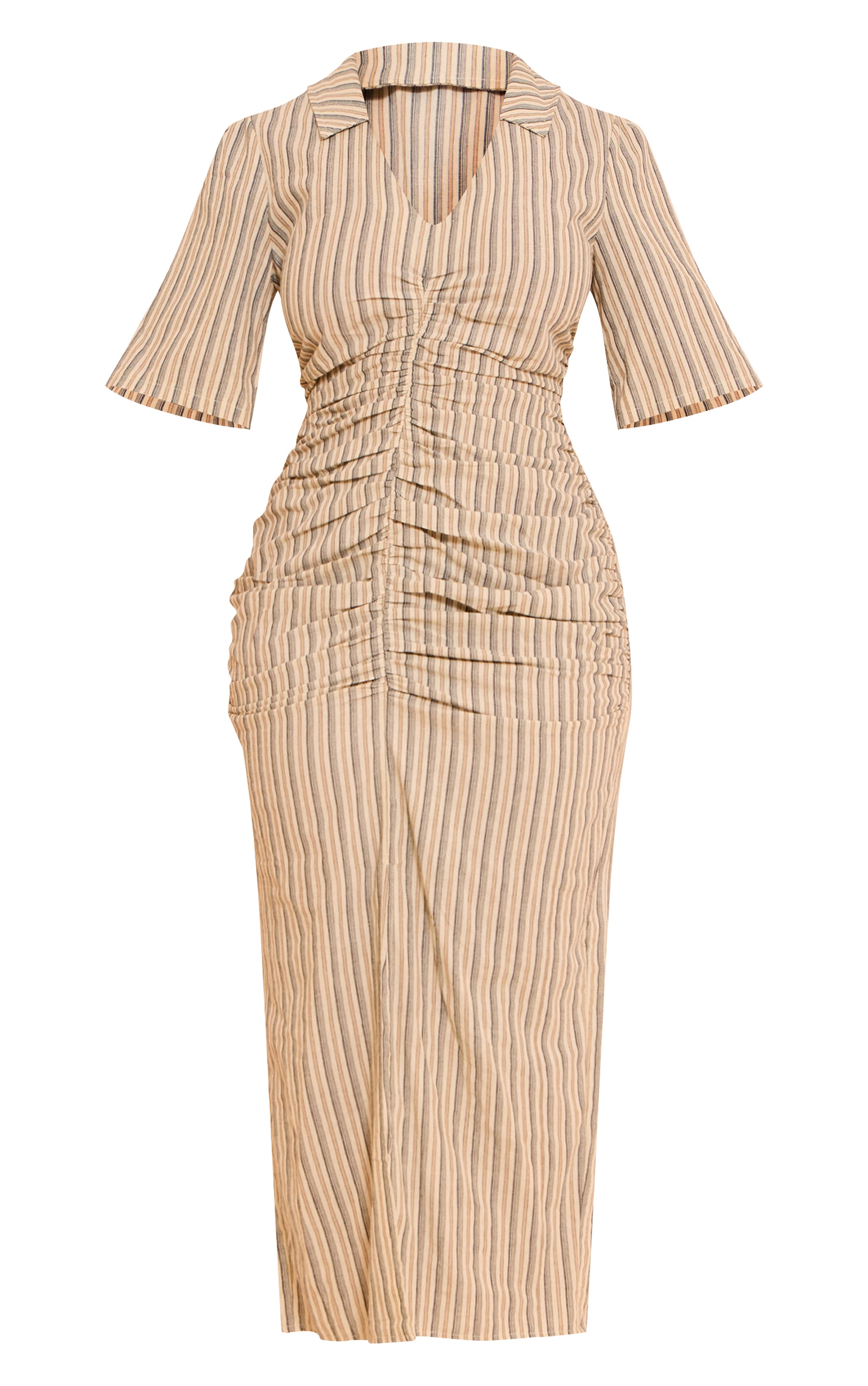 Shape STONE Striped Ruched Front Collared Split Front Maxi Dress image 5