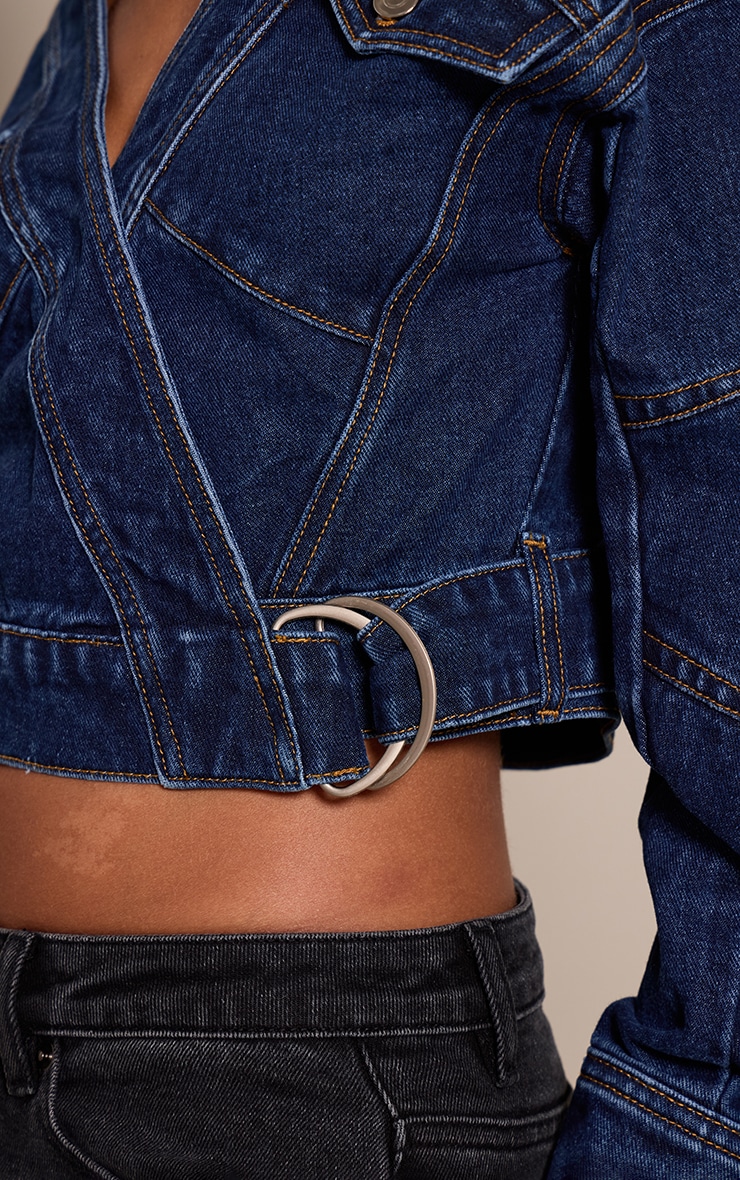 Petite Mid Blue Wrap Waist Cocoon Sleeve Denim Jacket image 4
