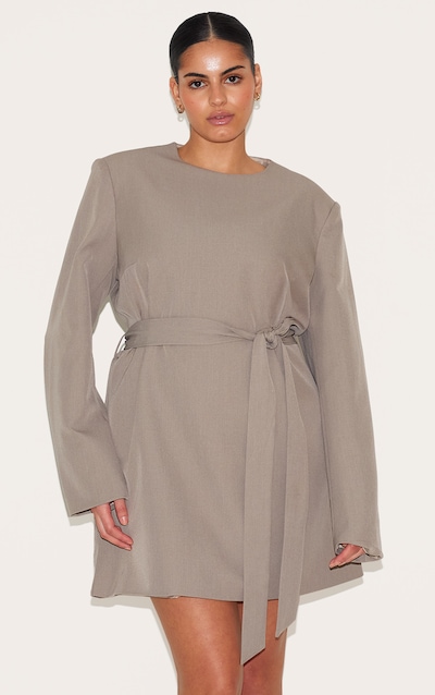 Plus Grey Tailored Belt Detail Long Sleeve Shift Dress
