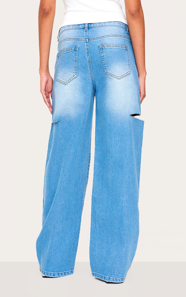Pantalon droit délavé bleu moyen fendu sur les cuisses image 3