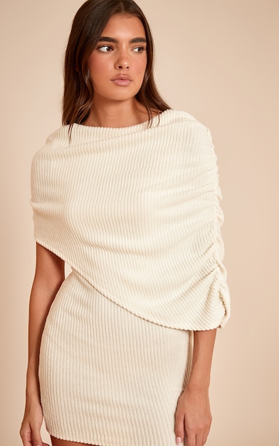 Cream Brushed Rib Overlay Detail Bodycon Dress