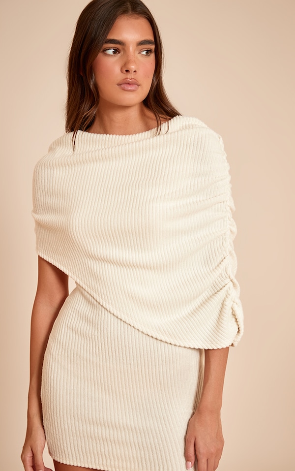 Robe moulante côtelée brossée crème à partie superposée