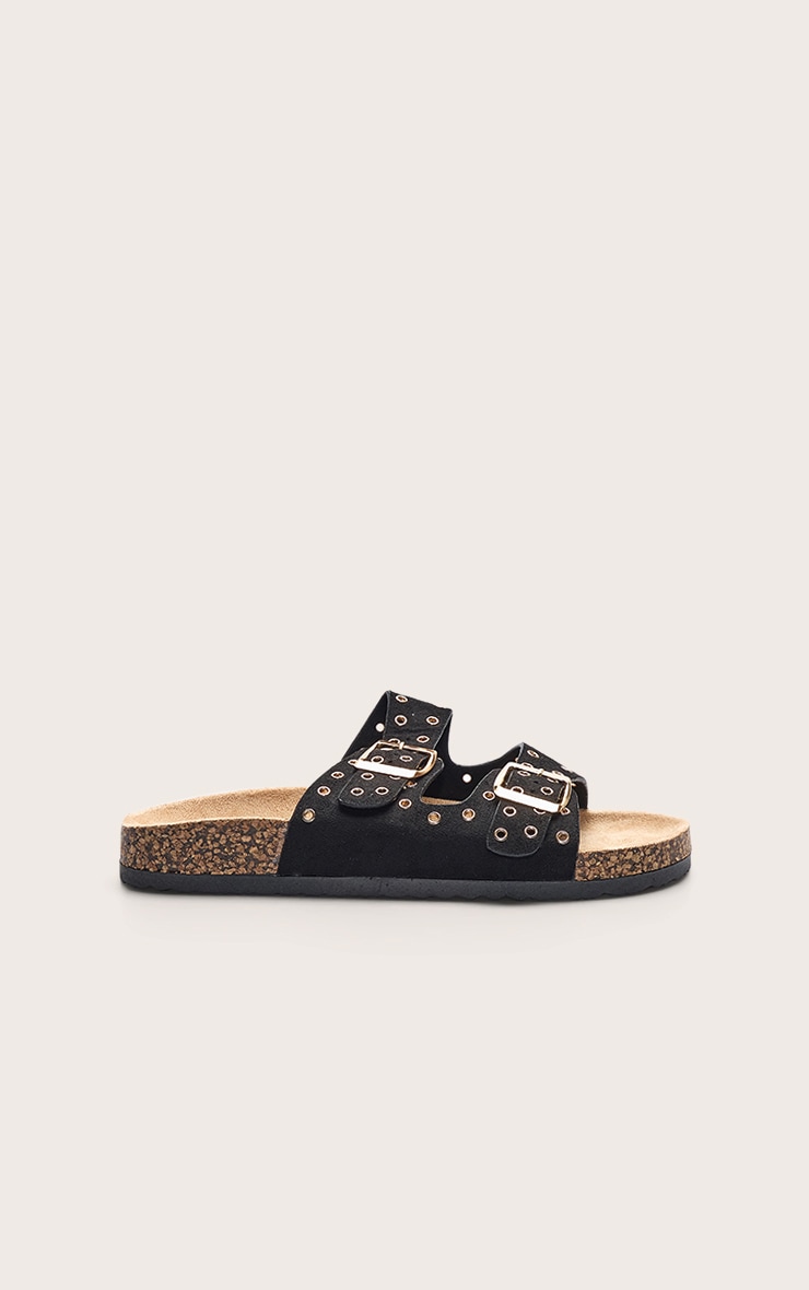 Black Faux Suede Double Buckle Eyelet Footbed Sandals image 2