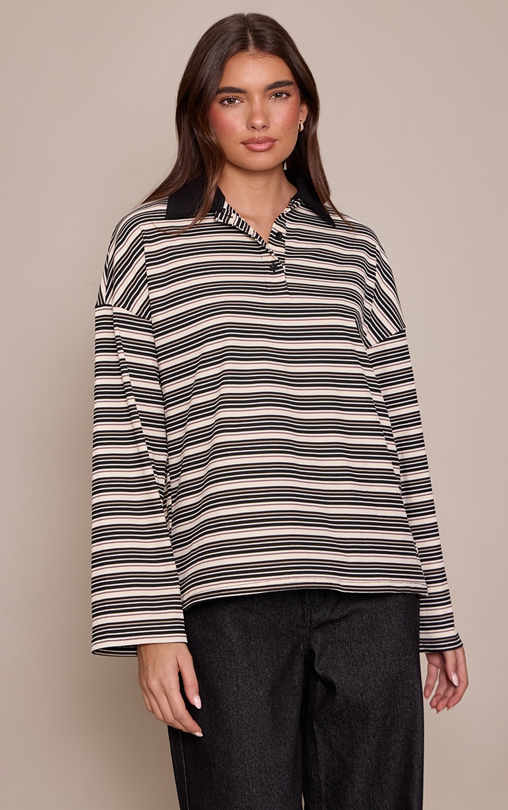 Multi Soft Rib Striped Detail Collared Long Sleeve Top image 1