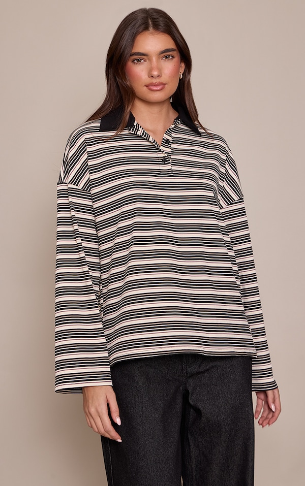 Multi Soft Rib Striped Detail Collared Long Sleeve Top