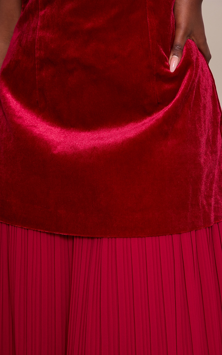 Wine Velvet Bandeau Pleated Chiffon Skirt Panel Maxi Dress image 4