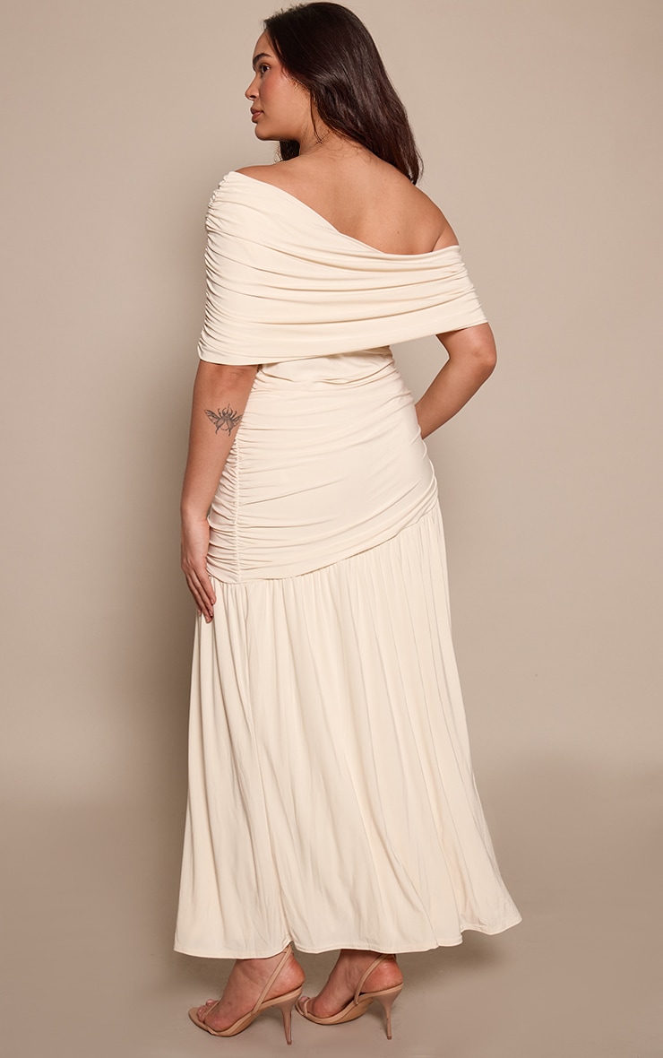 Plus Cream Double Layer Slinky Bardot Ruched Maxi Dress image 2