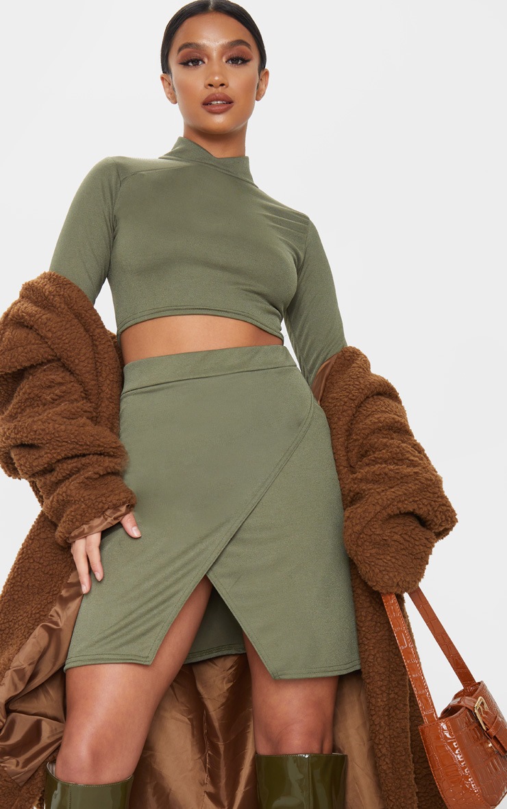 Petite - Jupe portefeuille vert olive en crêpe style asiatique