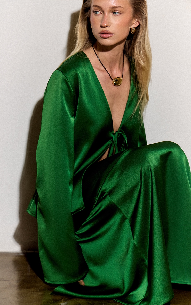 Green Satin Tie Front Boxy Shirt image 1