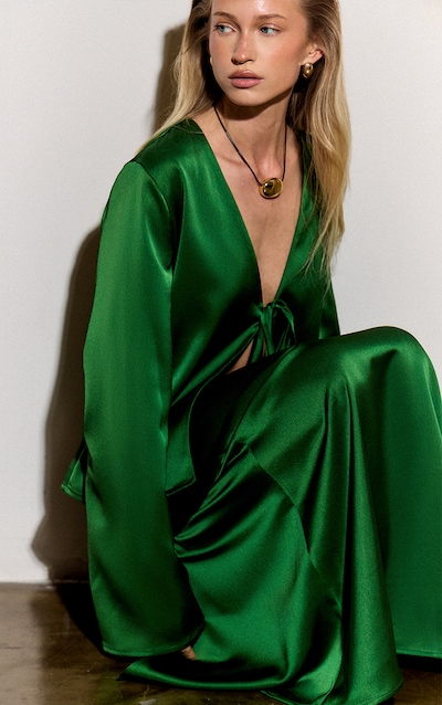 Green Satin Tie Front Boxy Shirt