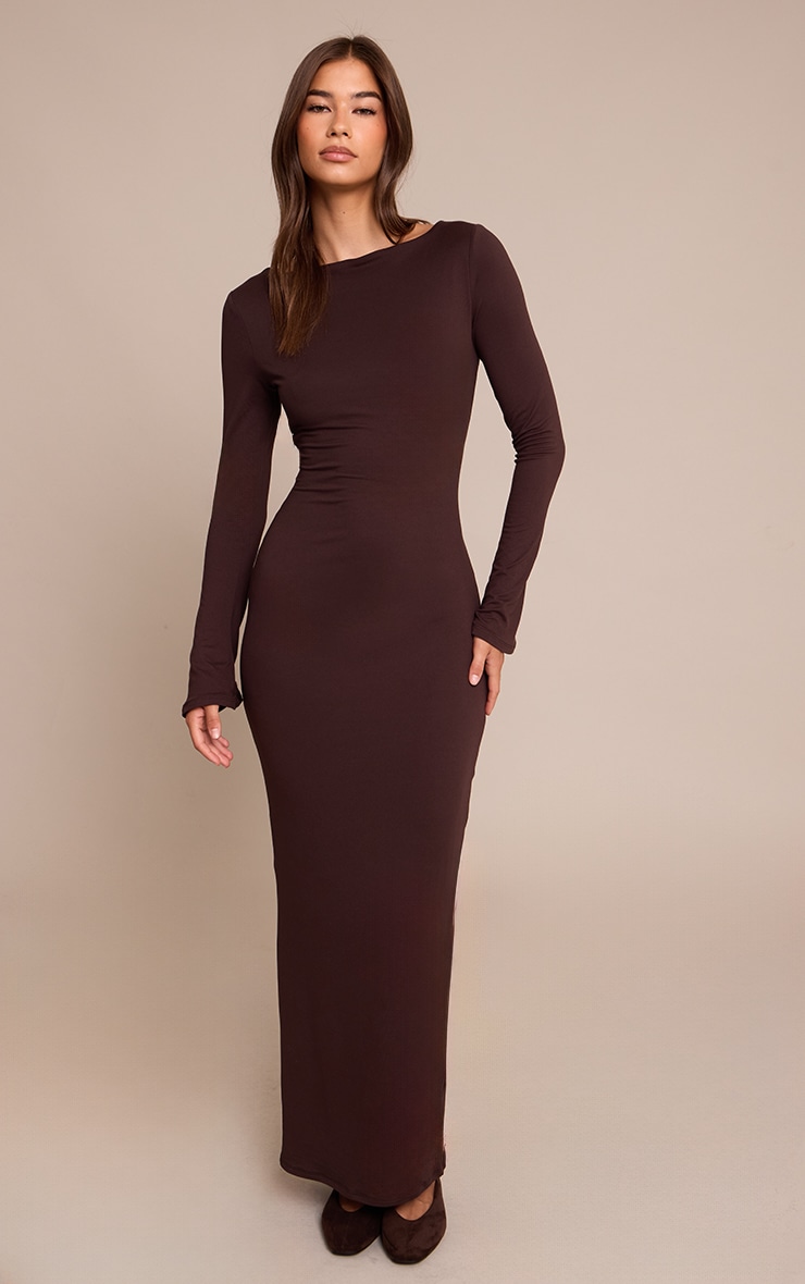 Chocolate Soft Touch Jersey Long Sleeve Maxi Dress image 1