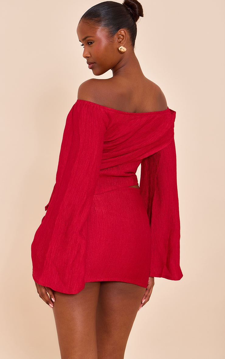  Tomato Red Textured Gold Detail Bardot Long Sleeve Top image 2