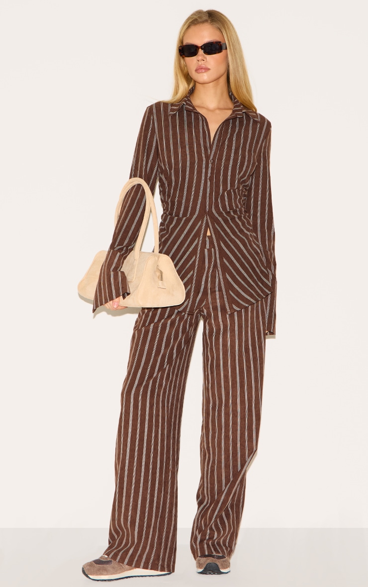 Brown Striped Asymmetric Cinched Deep Cuff Shirt image 3
