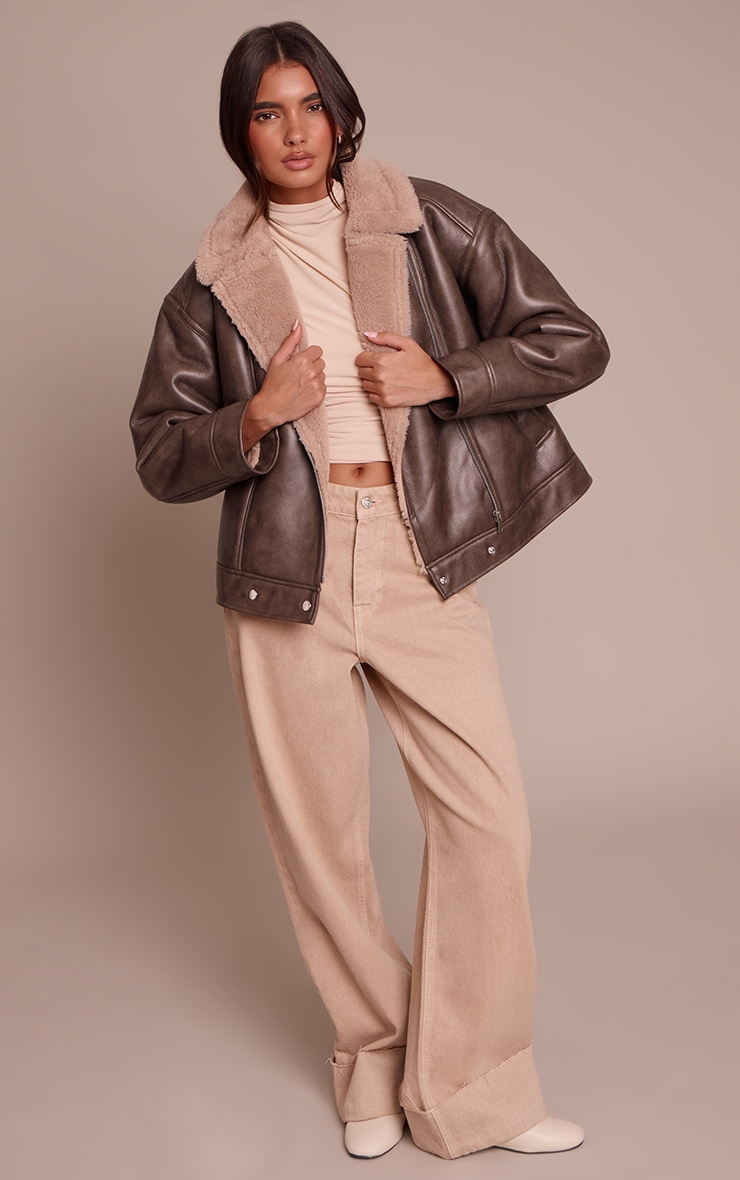 Brown Borg Collar Faux Leather Aviator image 3