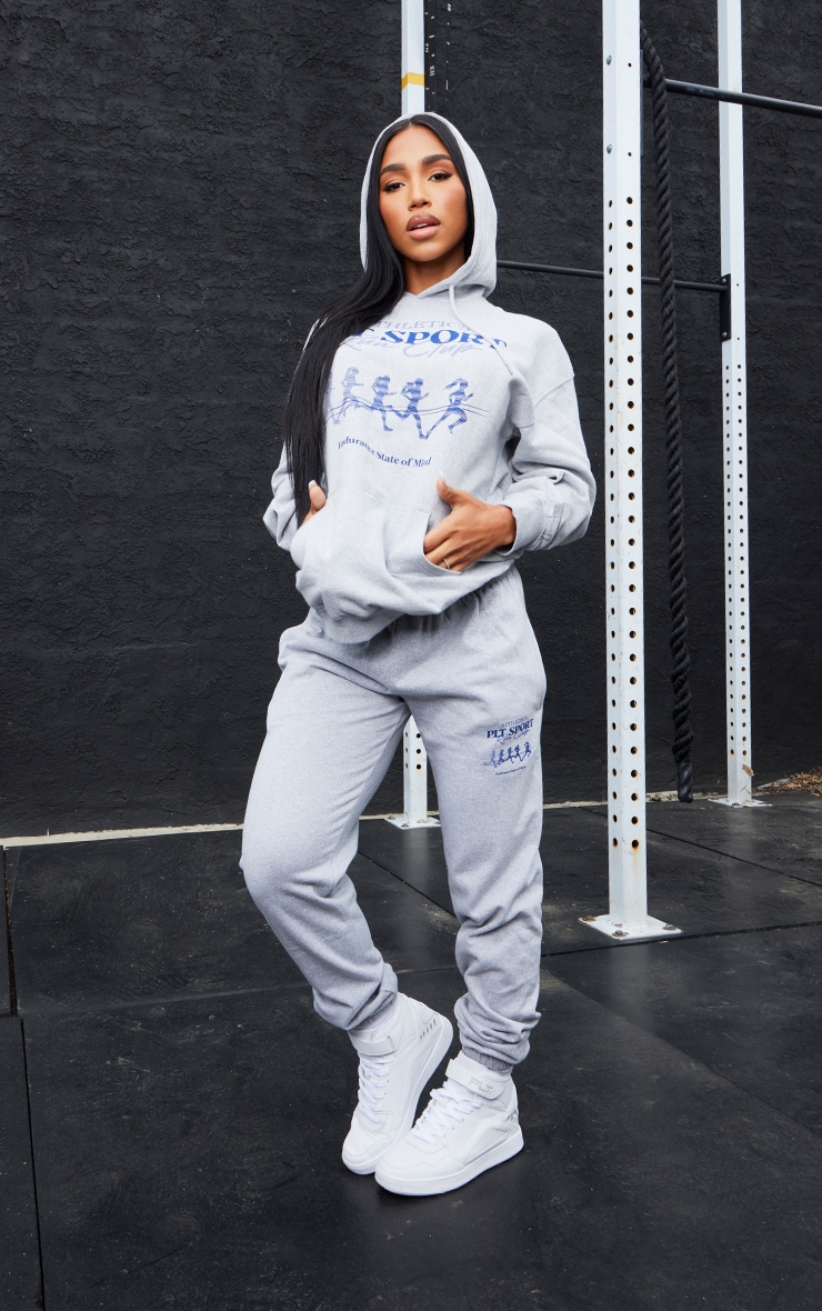 Ash Grey Plt Run Club Print Oversized Hoodie PrettyLittleThing