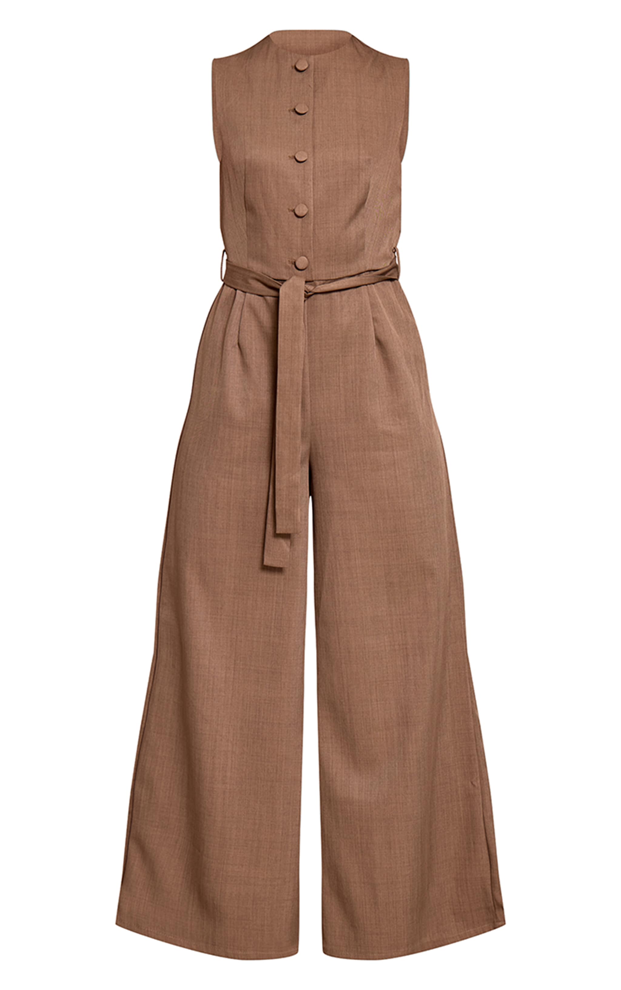 Taupe Woven Button Tie Belt Wide Leg Jumpsuit image 5