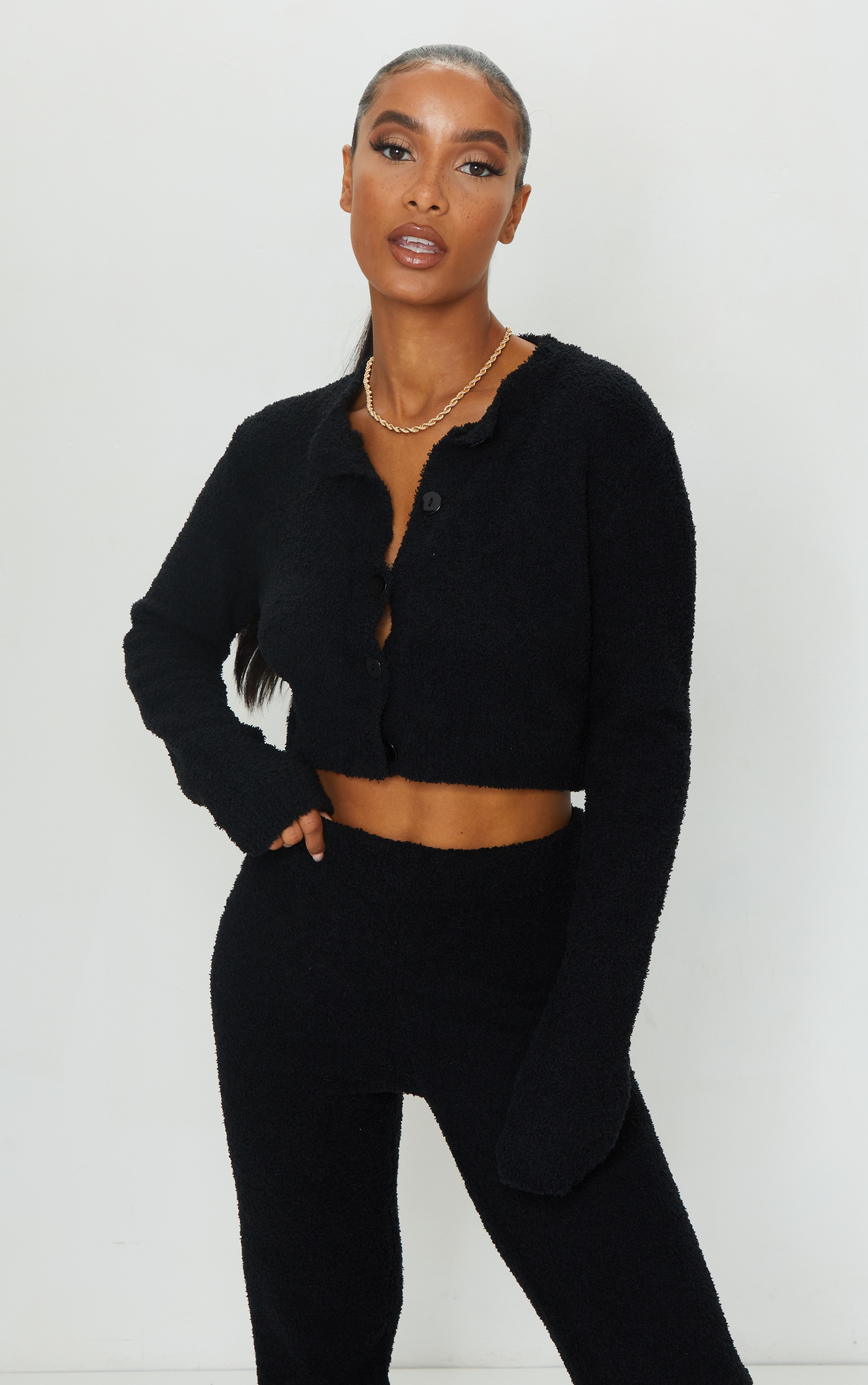 Black Premium Fluffy Knitted Crop Cardigan