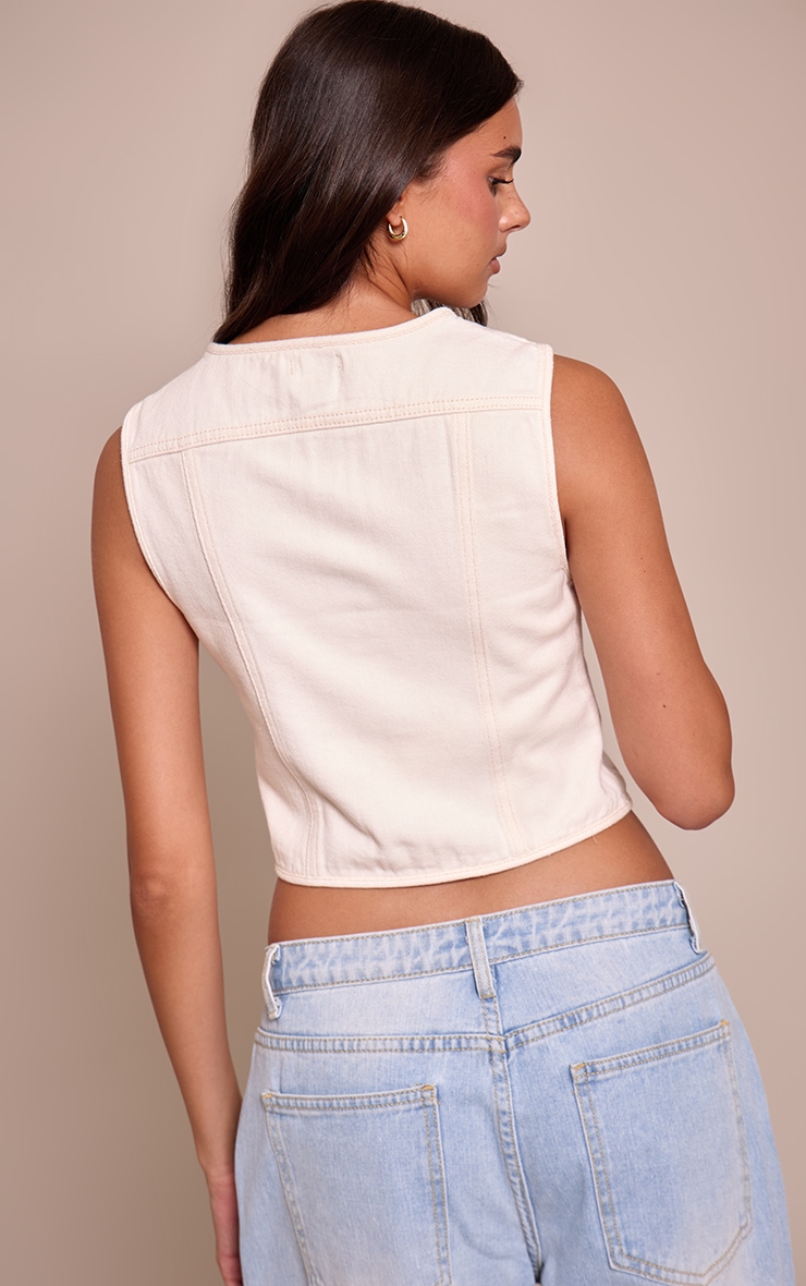 Butter Yellow Round Neck Button Detail Sleeveless Denim Crop Top image 2