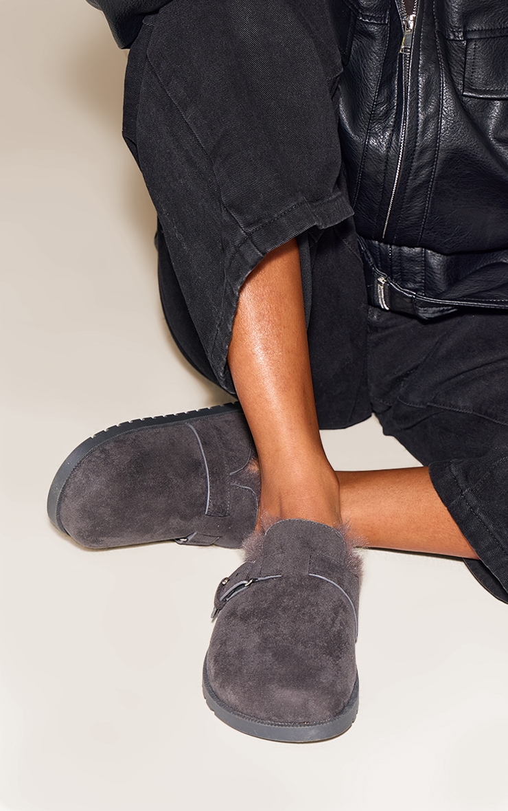 Charcoal Faux Suede Faux Fur Lined Buckle Mules