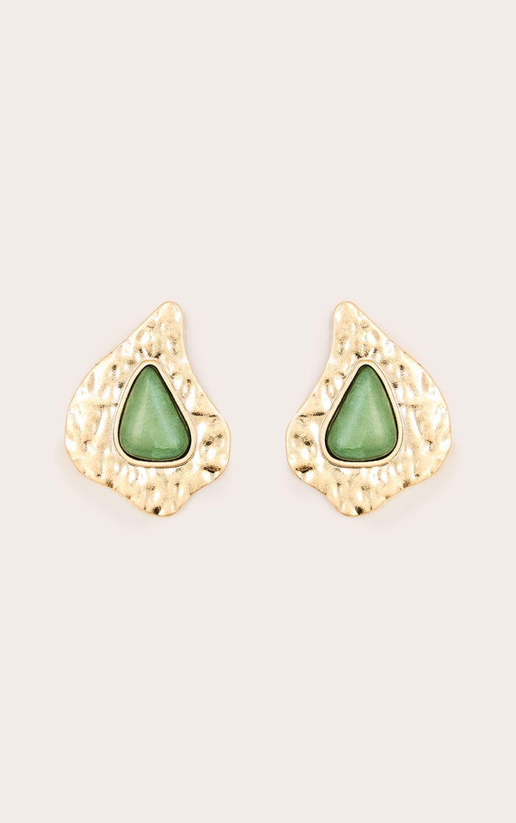 Green Eye Resin Worn Gold Stud Earrings image 2