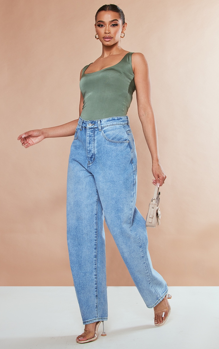 Moss Khaki Slinky Scoop Neck Bodysuit Tops PrettyLittleThing USA