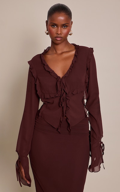 Dark Brown Chiffon Ruffle Tie Front Blouse