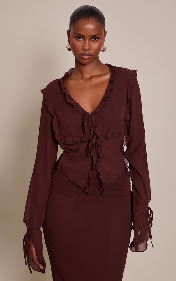 Dark Brown Chiffon Ruffle Tie Front Blouse
