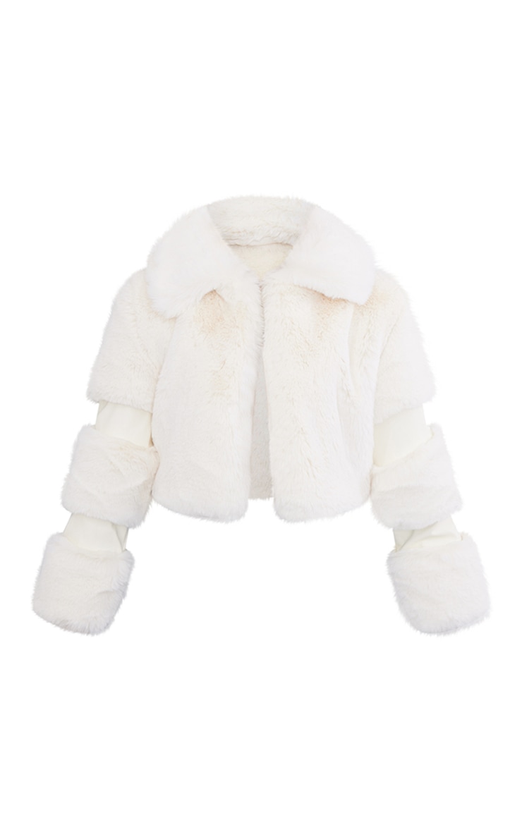 Cream Faux Fur Cropped Bubbled Coat image 5