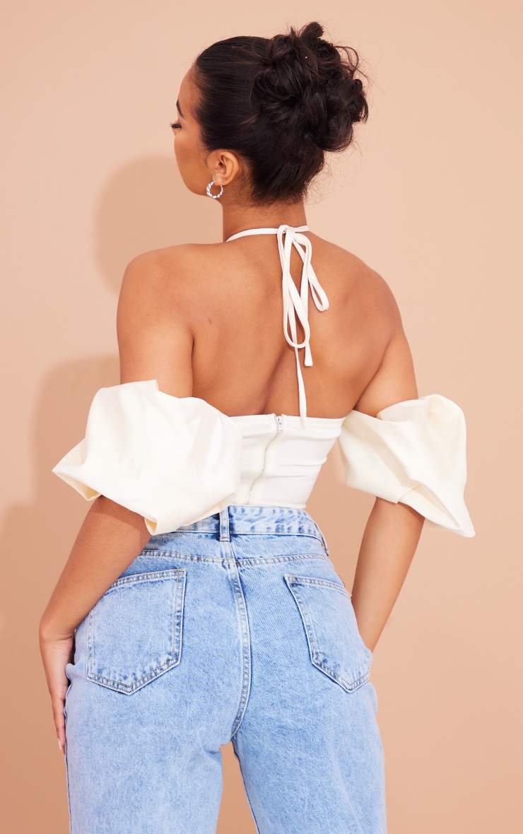 Cream Textured Puff Sleeve Halter Top image 2